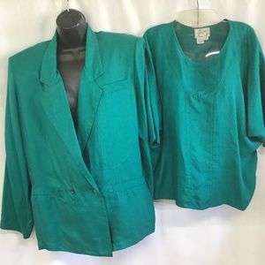 Vintage 80s 2 piece set - Forest Green Lightweight Silk Blazer & Matching top